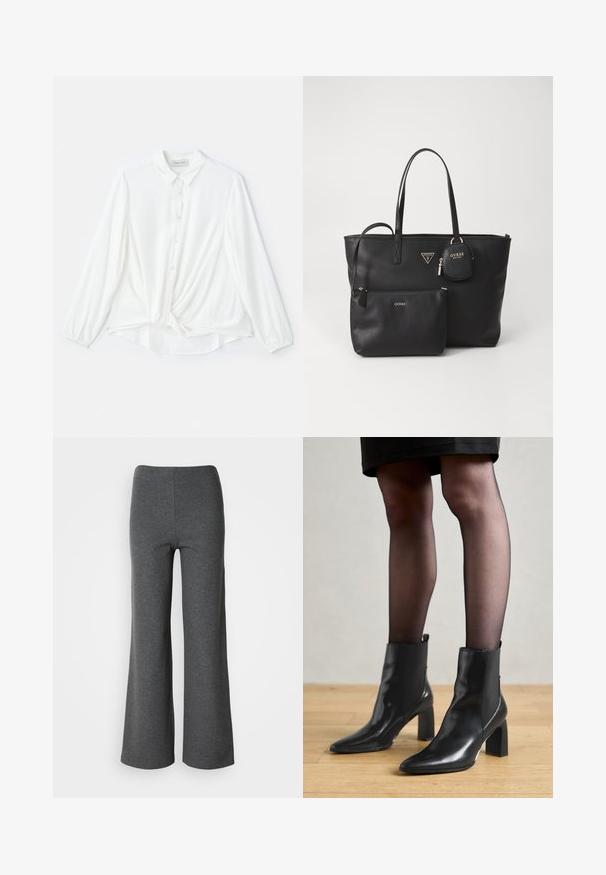 White long-sleeve blouse with a collared neck, button front, and knotted detail at the waist. Made of smooth, lightweight fabric.; Gray wide-leg trousers made of soft fabric, featuring a smooth texture and a high-waisted design with no visible fastenings.; Black leather ankle boots with a pointed toe, chunky square heel, and sleek design. Features elastic side panels for easy wear.; Black faux leather tote bag with two straps, a front zipper pocket, and a detachable pouch. Gold hardware accents highlight the brand logo.; Silver hoop earring with a polished finish, featuring small gold accent details and a round shape, worn on the lobe.