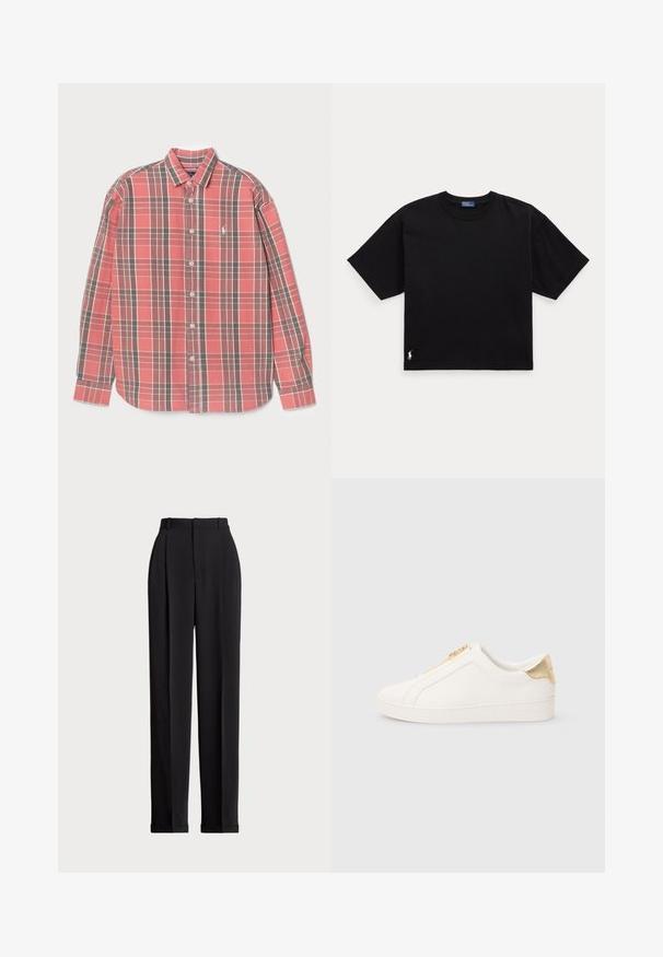 Red and gray plaid shirt with long sleeves, button-up front, and a small logo on the chest. Cotton fabric with a soft texture.; Black cotton t-shirt with short sleeves, round neck, and a small white logo on the bottom left. Classic, boxy fit with minimal detailing.; Black tailored trousers with a high waist, featuring pleats at the front, a straight leg design, and a cuffed hem. Made from smooth fabric.; White slip-on sneakers made of smooth leather, featuring a gold zipper and accent near the heel with a textured finish and logo embossed on the side.