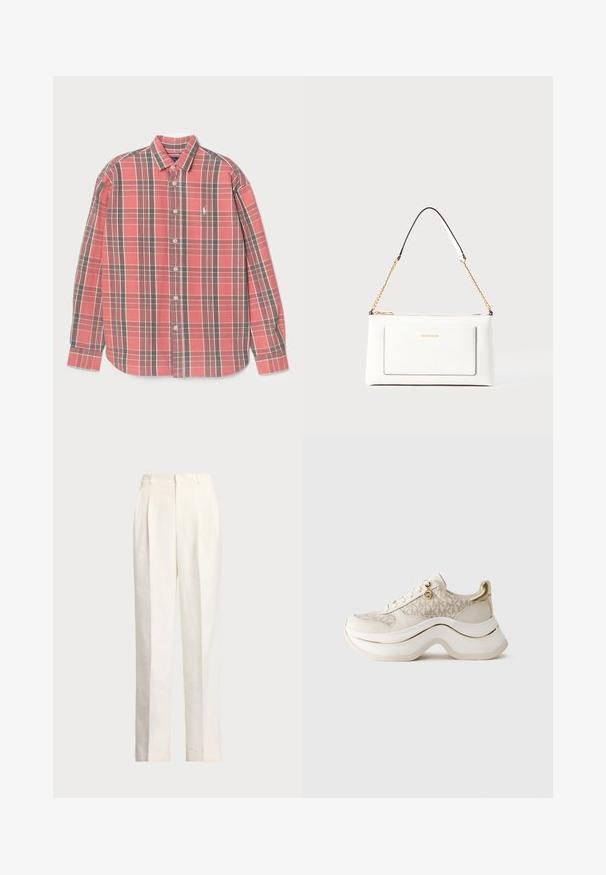 Raudonas ir pilkas langeliais marškinis su ilgomis rankovėmis, mygtukų užsegimas priekyje ir mažas logotipas ant krūtinės. Medvilnės audinys su minkšta tekstūra.; Polo Ralph Lauren HEMP WIDE LEG PANT - Kelnės - nevis; Bežiniai ir auksiniai platforminiai sportbačiai su "MK" raštu, su raišteliais, auksine pakabuke ir storu banguotu padu, prieš paprastą foną.; Balta odinė rankinė su tekstūruotu paviršiumi, turinti auksinį grandinėlės dirželį ir juodas detales. Įskaičiuota priekinė kišenė ir užtrauktuko uždarymas.