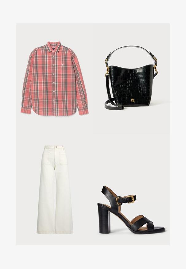 Camisa de cuadros en rojo y gris con mangas largas, cierre de botones en el frente y un pequeño logo en el pecho. Tela de algodón con una textura suave.; Jeans de pierna ancha en denim color blanco roto. Diseño de cintura alta con cierre de botón, dos bolsillos frontales y detalles de costura en contraste.; Sandalias de tacón de cuero negro con un diseño de tira cruzada y cierre de hebilla. Presenta un tacón grueso y una textura suave.; Bolso de cuero negro con estampado de cocodrilo, de forma curvada, con detalles de hardware dorado, una correa ajustable y un logo en la parte frontal.