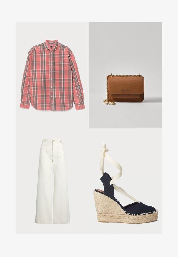 Camisa de cuadros en rojo y gris con mangas largas, cierre de botones en el frente y un pequeño logo en el pecho. Tela de algodón con una textura suave.; Jeans de pierna ancha en denim color blanco roto. Diseño de cintura alta con cierre de botón, dos bolsillos frontales y detalles de costura en contraste.; Sandalia cuña de lona azul marino con suela de esparto y cintas de crema atadas al tobillo. Diseño de talón cerrado y puntera redonda.; Bolso crossbody de cuero texturizado marrón con correa de cadena dorada y cierre de solapa. La parte frontal presenta un detalle de logo y un bolsillo debajo de la solapa.