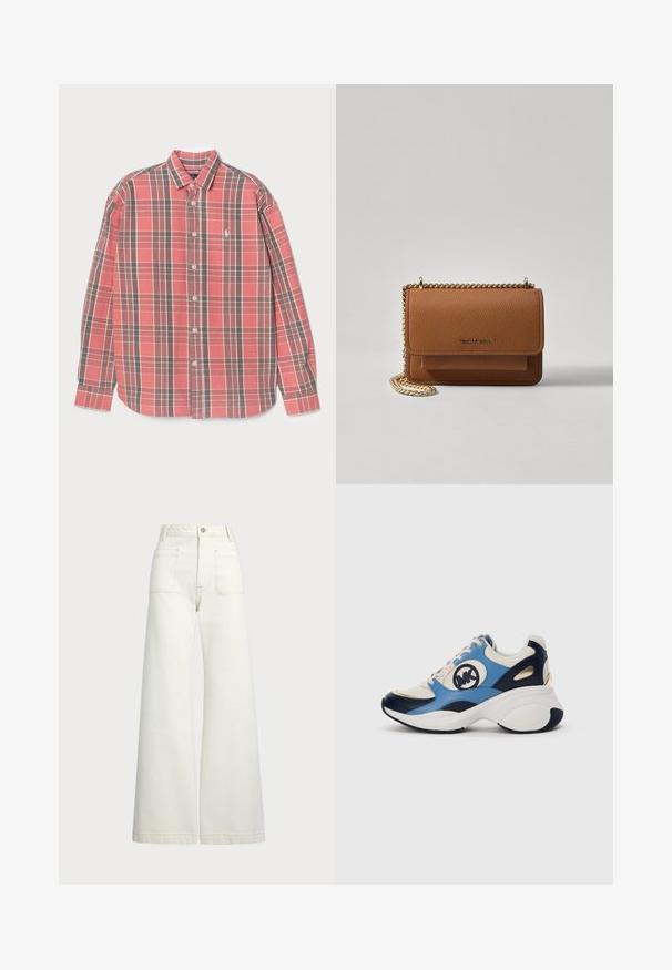 Red and gray plaid shirt with long sleeves, button-up front, and a small logo on the chest. Cotton fabric with a soft texture.; Wide-leg jeans in off-white denim. High-waisted design with a button closure, two front pockets, and contrast stitching details.; White, navy, and light blue suede sneaker with chunky sole and circular embroidered logo on the side.; Brown textured leather crossbody bag with gold chain strap and flap closure. Front features logo detail and a pocket under the flap.