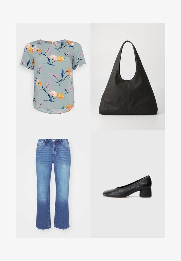 Blusa floral em tecido suave com fundo azul claro. Apresenta flores vibrantes em rosa, laranja e amarelo. Manga curta, decote redondo.; Calças de ganga num degradê azul claro a médio. Apresentam um corte reto, cinco bolsos e costura ao longo das costuras.; Sapato de salto preto em couro com bico arredondado e salto médio bloco. Textura suave com detalhes mínimos, apresentando uma abertura elástica discreta.; Saco de tote em couro preto com uma alça curva, forma triangular alongada e textura suave. Apresenta um design minimalista sem hardware visível.; Brincos de metal prateado com um design ondulante e escultural, apresentando um acabamento polido e formas irregulares, destacando uma estética contemporânea.