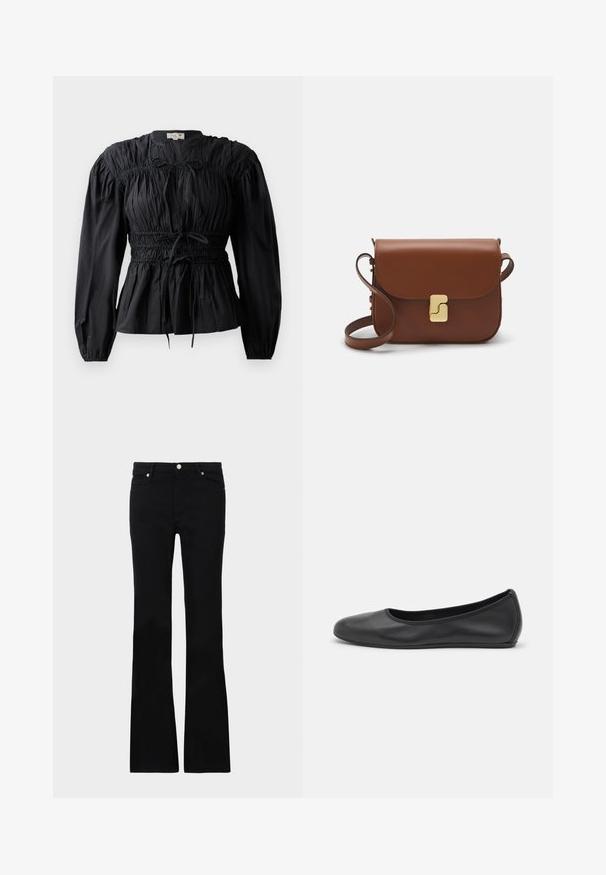 Musthave, pika, pikkade varrukatega pluus, volditud kangaga, smockitud vöökohaga ja nööri detailiga. Pluusil on ümmargune kaelus ja sile tekstuur.; Mustad teksased, millel on flared lõige, kaks esi-taskut, nööbiga kinnitamine ja sile tekstuur. Tootemärgistus on nähtav õmblustes.; Musthave mustika tantsutossud mustast nahast, ümmarguse varbaga, siledast tekstuurist, minimaalse õmblusdetailiga ja paindliku tallakujundusega.; Pruunist nahast käekott, millel on klapiga sulgur, kuldne riistvara, õlarihm ja sile tekstuur. Kompaktne ristkülikukujuline vorm.