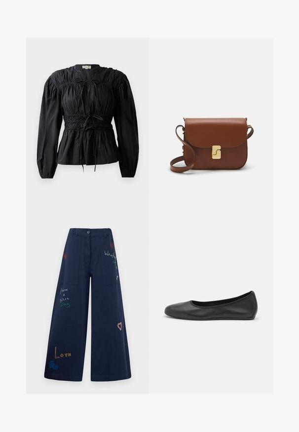 Blusa nera a maniche lunghe con tessuto arricciato, vita elasticizzata e dettaglio con nodo, caratterizzata da scollo rotondo e texture liscia.; Pantaloni a gamba larga blu navy in cotone con molteplici tasche. Presentano testi e grafica ricamati colorati, inclusi cuori e frasi giocose.; Pantofole da balletto nere in pelle con punta arrotondata, texture liscia, dettagli di cucitura minimi e design con suola flessibile.; Borsa a tracolla in pelle marrone con chiusura a pattina, hardware color oro, tracolla e una finitura liscia. Forma rettangolare compatta.