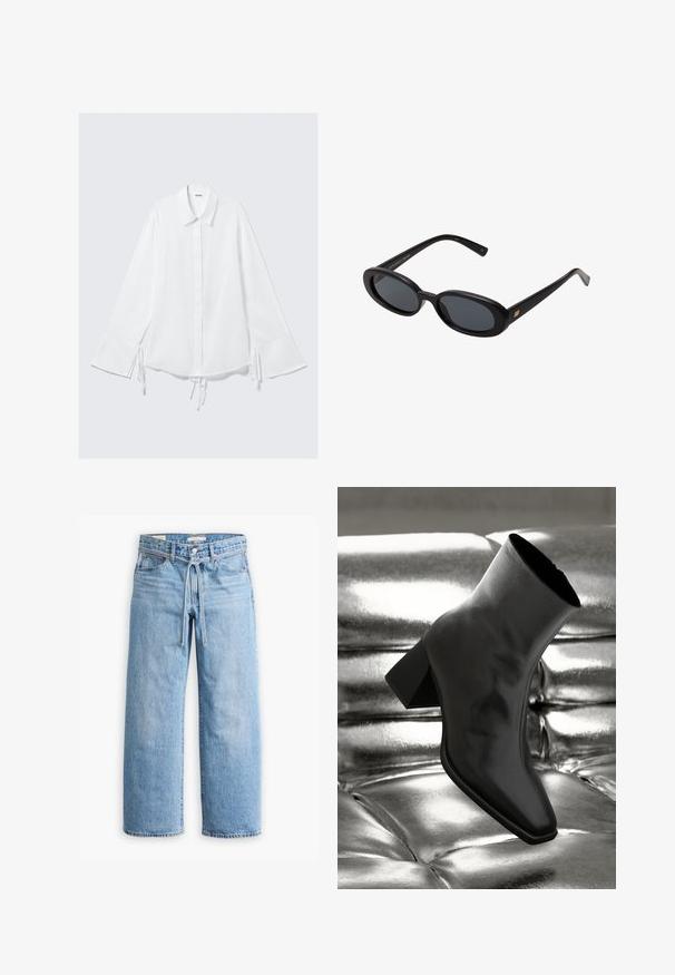 Camicia bianca in cotone con colletto, maniche lunghe e legature regolabili ai polsini. Chiusura con bottoni e vestibilità leggermente ampia.; Jeans in denim azzurro chiaro a gamba larga con vita alta, chiusura con bottone e zip, e dettaglio con cordoncino in vita. Orlo grezzo.; Stivale alla caviglia nero realizzato in materiale lucido con punta quadrata e tacco affusolato, posizionato su uno sfondo argentato lucido con imbottiture a sfera.; Occhiali da sole neri oversize con lenti ovali, montatura in plastica liscia e accenti dorati sulle tempie. Le lenti scure offrono protezione dal sole.