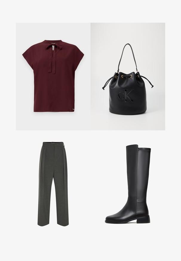 Bordeaux-paita korkealla kauluksella ja nauhatyylillä, lyhyet hihattomat hihat, sileä pinta ja pieni logotehoste helmassa.; Harmaat leveälahkeiset housut teksturoidusta kankaasta, joissa on korkea vyötärö ja etupilkut. Mallissa on sileä vyötärönauha ilman näkyviä kiinnityksiä.; Musta nahkainen polvipituinen saapas, jossa on sileä pinta, pyöristetty kärki, matala paksu korko ja hienovarainen ompelu yksityiskohta sivuilla.; Musta nahkainen ämpärilaukku, jossa on kiristysnauha, etuosassa kiiltävä "CK"-logo ja kultasävytetyt yksityiskohdat.