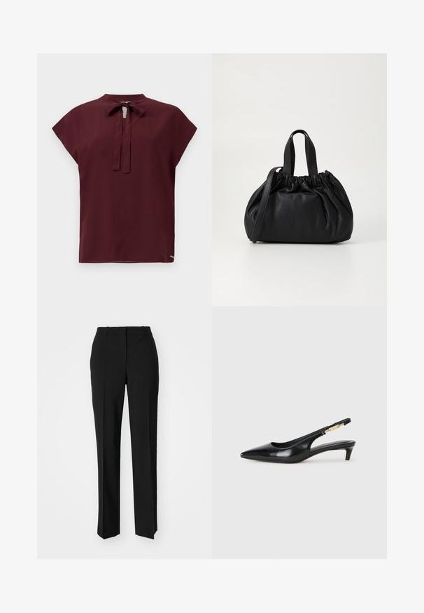 Bordo bluzica s visokim izrezom i detaljem vezivanja, kratkim rukavima u obliku kapice, glatkom teksturom i malim logotipom na rubu.; Crne krojene hlače ravnog kroja, s glatkom teksturom i oštrim pregibima naprijed. Bez vidljivih metalnih dijelova.; Crne kožne sandale s petom, s izduženim vrhom, imaju usku petu i zlatni akcent na podesivoj traci. Glatka tekstura.; Crna kožna torba s nabranim dizajnom na vrhu, s dva kratka ručka i dugim podesivim remenom. Glatka tekstura, zaobljen oblik.