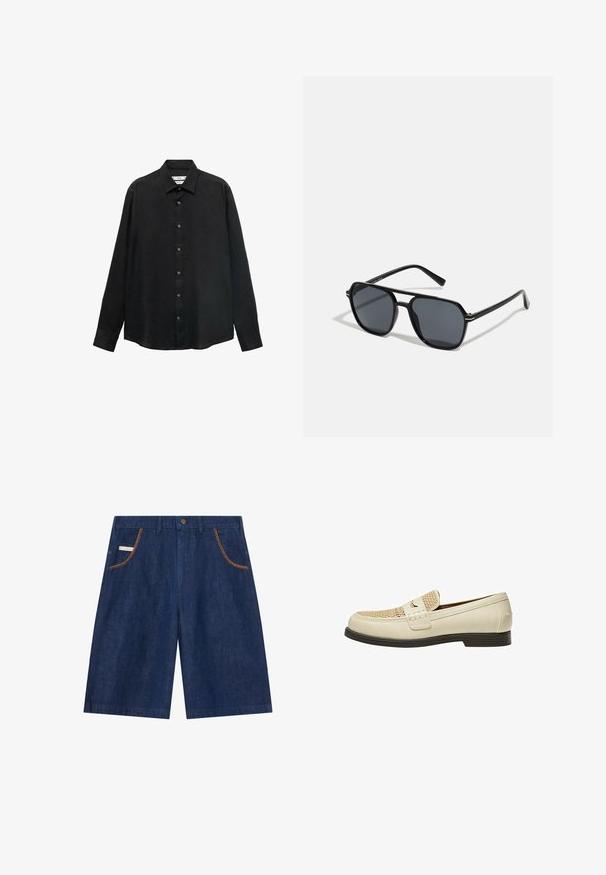 Maglietta nera a maniche lunghe realizzata in tessuto testurizzato; presenta un colletto e una chiusura frontale con bottoni visibili e un orlo dritto.; Shorts di jeans di un blu intenso, con cuciture marroni in contrasto lungo le tasche anteriori e una chiusura a bottone classica.; Mocassini in pelle beige con dettaglio intrecciato sulla punta e suola piatta marrone. Presentano una fascia decorativa sulla parte anteriore.; Occhiali da sole neri con montatura ottagonale, lenti scure, finitura lucida, aste sottili e dettagli dorati sul davanti.