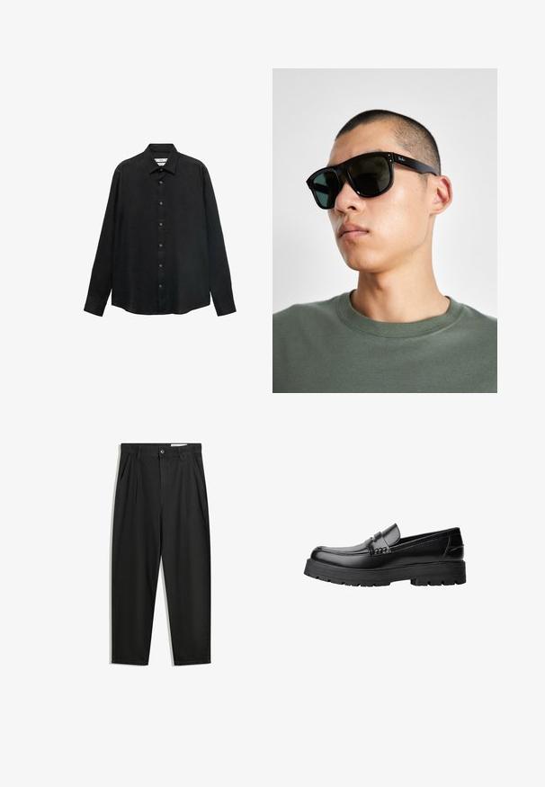 Čierna košeľa s dlhým rukávom vyrobená z textúrovanej tkaniny; má límec a zapínanie na gombíky s viditeľnými gombíkmi a rovný lem.; Čierne bavlnené nohavice s voľným strihom, s klasickým pásom, prednými záhybmi a bočnými vreckami. Hladká textúra bez vzorov.; Čierne kožené mokasíny s masívnou podrážkou a dekoratívnym pásom cez hornú časť, zobrazené z ľavého bočného profilu na bielom pozadí.; Čierne obdĺžnikové slnečné okuliare s tmavými sklami, s charakteristickým tvarom a značkou na ramene. Nosí ich osoba v zelenej košeli.; Pier One SET - Hodinky - black/brown