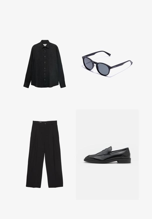 Zwarte langslavende shirt gemaakt van gestructureerde stof; heeft een kraag en een knoopsluiting aan de voorkant met zichtbare knopen en een rechte zoom.; Zwarte wijde broek gemaakt van gladde stof, met een platte tailleband, voorplooien en een enkele knoopsluiting.; Zwarte leren instappers met een gladde afwerking, voorzien van een ronde neus en een smalle band over de bovenkant. Lage gestapelde hak.; Ronde zonnebril met een matte zwarte kunststof rand en grijze lenzen. Beschikt over subtiele branding aan de zijkant van de poot.