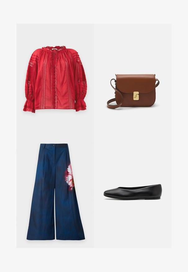 Blusa rossa in pizzo con scollo arricciato, bottoni frontali e dettagli intricati sulle maniche e sul corpo.; Pantaloni a gamba larga in tessuto blu scuro, con una stampa floreale in rosa e giallo su un lato, dotati di chiusura con bottone in vita.; Paul Smith TOPANGA - Ballerine - black; Borsa a tracolla in pelle marrone con chiusura a pattina, hardware color oro, tracolla e una finitura liscia. Forma rettangolare compatta.