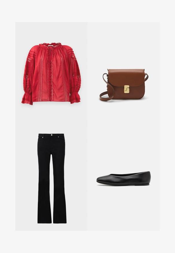 Rød bluse i blonder med flæser ved halsen, knapper foran og detaljerede udsmykninger på ærmerne og kroppen.; Sorte bløde jeans lavet af denim, med to frontlommer, knaplukning og en glat tekstur. Signaturstikninger synlige ved sømmene.; Paul Smith TOPANGA - Ballerinasko - black; Brun læder håndtaske med flaplukning, hardware i gyldent tone, en skulderrem og en glat overflade. Kompakt rektangulær form.