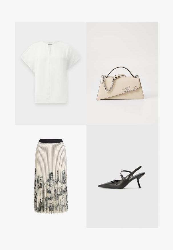 Top bianco a maniche corte con scollatura a V e zip sulla schiena. Tessuto liscio con forma strutturata e senza motivi o decorazioni visibili.; Gonna plissettata color crema con una vita nera che presenta una stampa dettagliata di schizzi architettonici in nero, mettendo in evidenza vari progetti di edifici.; Scarpe slingback nere in pelle con punta affilata, tacco sottile e dettaglio decorativo a fibbia sulla tomaia. Texture liscia e design elegante.; Borsa a mano in pelle beige con una forma triangolare strutturata, dotata di un manico in catena argentata e di un logo in metallo scritto in corsivo.