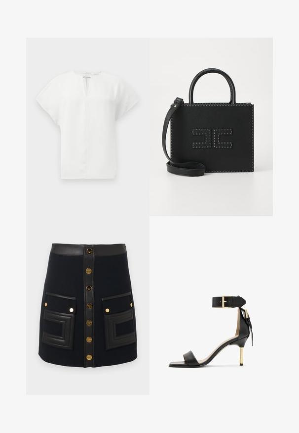 Top bianco a maniche corte con scollatura a V e zip sulla schiena. Tessuto liscio con forma strutturata e senza motivi o decorazioni visibili.; Gonna nera a linea A con bottoni dorati frontali, vita in ecopelle e grandi tasche applicate con cuciture geometriche.; Sandal con tacco in pelle nera, punta quadrata, cinturino alla caviglia con fibbia dorata e tacco metallico slanciato. Texture liscia, design minimalista.; Elisabetta Franchi WOMEN'S BAG - Borsa a mano - nero