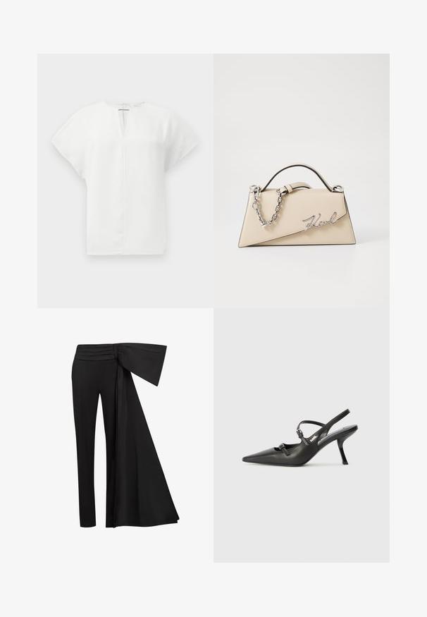 Balta trumpa rankovėmis palaidinė su V formos iškirpte ir užtrauktuku nugaroje. Lygaus audinio, struktūruotos formos, be matomų raštų ar puošmenų.; Juodos kelnės su plačiu, drabstymu suknelės elementu juosmens srityje. Lygi medžiaga, tiesus kelnių kirpimas ir raukinėtas juosmuo.; Juodi odiniai slingback kulniukai su smailiu pirštu, siauru kulnu ir dekoratyvine sagtimi viršuje. Lygus paviršius ir elegantiškas dizainas.; Bežinė odinė rankinė su struktūrine trikampio forma, turinti sidabrinę grandinėlę ir metalinį bajorišką logotipą.