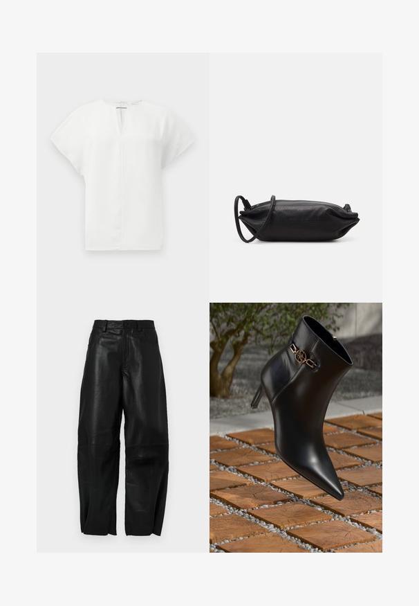 White short-sleeve top with a V-neckline and a back zipper. Smooth fabric with structured shape and no visible patterns or embellishments.; Black leather pants with a loose fit, featuring a straight leg design, front pockets, and visible stitching details.; Black leather ankle boot with pointed toe and small heel. Features a gold chain accent on the ankle. Surrounded by a textured stone surface.; Black leather clutch bag with a rectangular shape, smooth texture, thin shoulder strap, and minimalistic design.
