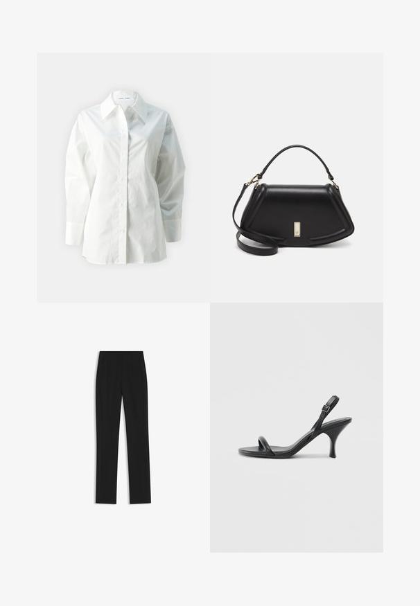 Camicia bianca a maniche lunghe in cotone, con colletto a punta, chiusura con bottoni e vestibilità ampia con spalle strutturate.; Pantaloni neri su misura con un design a gamba dritta, dotati di tasche frontali e un tessuto liscio e strutturato. Dettagli ordinati e minimalisti.; Sandali con tacco alto in pelle nera, con tacco sottile e curvo e design a fascia incrociata. Cinghia alla caviglia regolabile. Texture liscia.; Borsa a mano in pelle nera con un design strutturato, caratterizzata da una forma corta, manico superiore e accessori in metallo dorato. Inclusa tracolla regolabile.