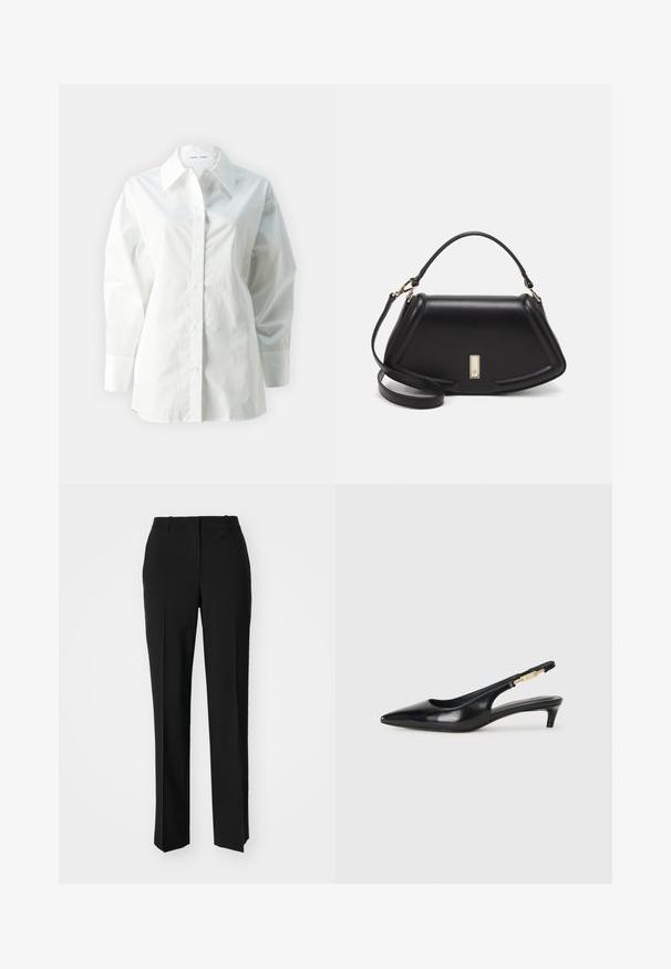 White long-sleeve shirt made of cotton, featuring a pointed collar, button front, and loose fit with structured shoulders.; Black tailored trousers with a straight-leg design, featuring a smooth texture and crisp creases along the front. No visible hardware.; Black leather slingback heels with a pointed toe, featuring a slim heel and a gold-tone accent on the adjustable strap. Smooth texture.; Black leather handbag with a structured design, featuring a cropped shape, top handle, and gold hardware accent. Adjustable shoulder strap included.