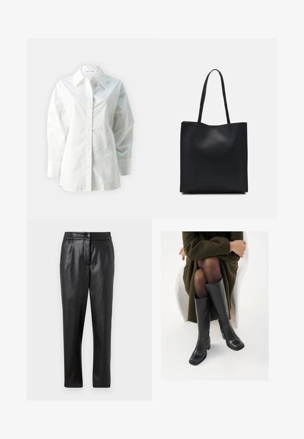 Camisa blanca de manga larga hecha de algodón, con cuello puntiagudo, botones en la parte delantera y un corte holgado con hombros estructurados.; Pantalones de cuero negro con una textura suave, corte recto, cintura elástica y cierre frontal con botón; detalle de pliegues y piernas ajustadas.; Botas de cuero negro hasta la rodilla con puntera cuadrada y tacón de bloque, presentadas con un modelo sentado en un abrigo verde oliva. Textura suave, mínimo detalle.; Bolso tote de cuero negro con textura lisa, forma rectangular y dos asas largas. Sin herrajes ni adornos visibles.