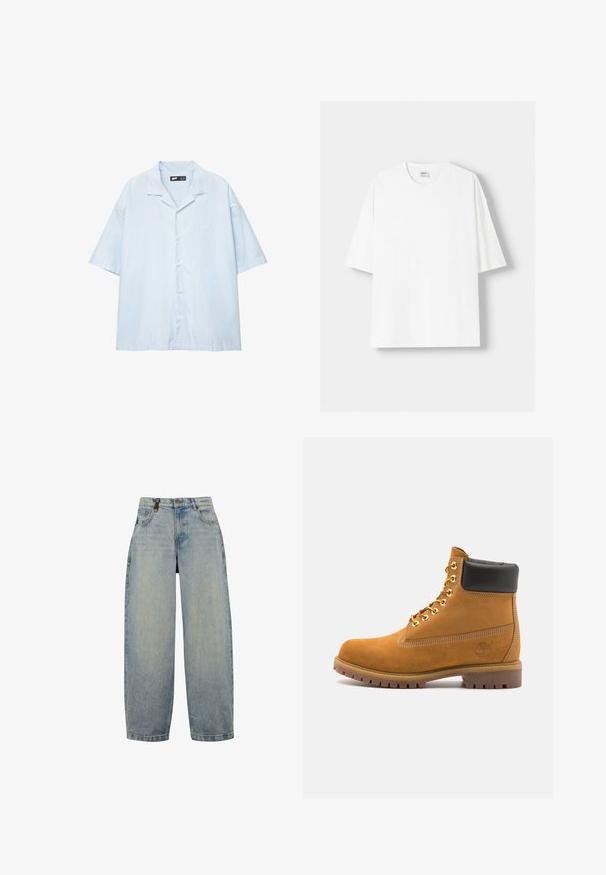 Lichtblauw kortarm overhemd met witte verticale strepen, met een notch-kraag en geborduurd logo op de borst.; Witte t-shirt met korte mouwen, gemaakt van katoen, met een ronde halslijn en een relaxte pasvorm. Gladde textuur, zonder zichtbare patronen of accenten.; Lichtblauwe denim jeans met een ontspannen pasvorm, voorzien van een hoge taille, wijde pijpen, een klassiek vijf-pocket ontwerp en metalen hardware accenten.; Tan suède enkelboot met zwart gevoerd kraagje, gouden metalen oogjes, witte stikdetails en een robuuste rubberen zool met uitgesproken profiel.