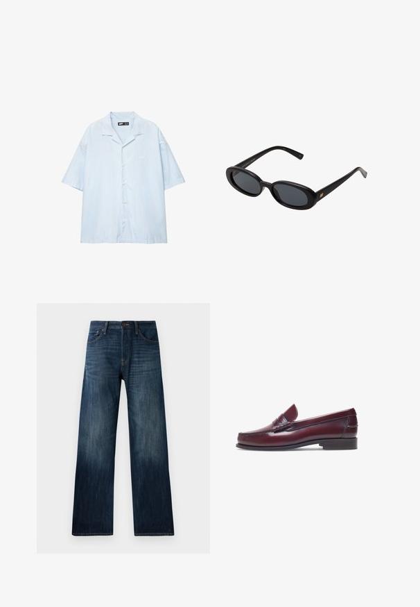 Lichtblauw kortarm overhemd met witte verticale strepen, met een notch-kraag en geborduurd logo op de borst.; Donkerblauwe spijkerbroek met een recht model, voorzien van een lichte stof, riemlussen en een klassieke vijf-pocket stijl.; Bordeaux leren instapper met een ronde neus, gestikte details en een kleine decoratieve accent op de schacht. Platte, contrasterende zool.; Zwarte oversized zonnebril met ovale lenzen, een glad plastic montuur en gouden accenten op de pootjes. Donkere lenzen bieden bescherming tegen de zon.