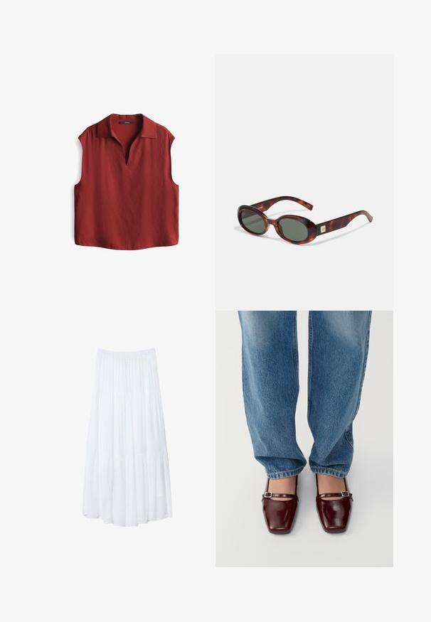 Rote ärmellose Bluse mit V-Ausschnitt und Kragen. Hergestellt aus einem leichten Stoff mit glatter Textur. Gerader Schnitt am Saum.; Weißer, gestufter Maxi-Rock aus leichtem Stoff. Verfügt über einen elastischen Bund und ein fließendes Design mit weicher, subtiler Textur.; Burgunderfarbene Lacklederschuhe mit quadratischer Zehenform und Knöchelriemen, kombiniert mit hellblauen, locker sitzenden Jeans. Die Schuhe haben eine glänzende Oberfläche.; Schildkrötenmuster Sonnenbrille mit dunklen Gläsern, ovaler Form und breiten Bügeln. Verfügt über eine kleine goldene Akzentuierung an der Seite. Hergestellt aus glattem Kunststoff.