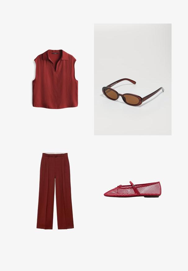 Rote ärmellose Bluse mit V-Ausschnitt und Kragen. Hergestellt aus einem leichten Stoff mit glatter Textur. Gerader Schnitt am Saum.; Weite Hose in einem tiefen Rotton, mit hoher Taille, Falten vorne und einem glatten, strukturierten Stoff.; Rote Netz-Ballerinas mit spitzem Zehenbereich, ausgestattet mit einem dünnen Riemen und Schnallen-Detail. Das Obermaterial hat ein offenes Wabenmuster.; Runde, braun getönte Sonnenbrillen mit einem glänzenden burgunderfarbenen Rahmen. Schlanke Bügel mit dezentem Branding. Flaches Linsendesign.