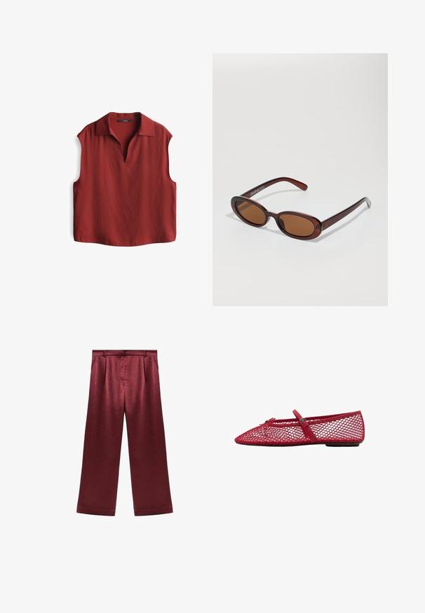 Rote ärmellose Bluse mit V-Ausschnitt und Kragen. Hergestellt aus einem leichten Stoff mit glatter Textur. Gerader Schnitt am Saum.; Burgunderfarbene weit geschnittene Satin-Hosen mit glatter Textur, hohem Bund und zwei seitlichen Taschen für zusätzlichen Funktionalität.; Rote Netz-Ballerinas mit spitzem Zehenbereich, ausgestattet mit einem dünnen Riemen und Schnallen-Detail. Das Obermaterial hat ein offenes Wabenmuster.; Runde, braun getönte Sonnenbrillen mit einem glänzenden burgunderfarbenen Rahmen. Schlanke Bügel mit dezentem Branding. Flaches Linsendesign.