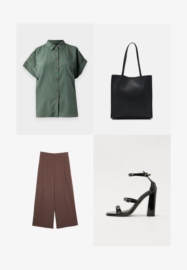 Zielona koszula z krótkim rękawem, z wyraźnym kołnierzykiem, pięcioma brązowymi guzikami z przodu oraz dwiema kieszeniami na piersi. Gładka tekstura materiału.; Brązowe spodnie o szerokich nogawkach z gładką fakturą, z wysokim stanem i plisami z przodu. Materiał jest lekki i luźno opada.; Czarne lakierowane sandały na obcasie z kwadratowym noskiem, z paskami wokół kostki i srebrnymi klamrami. Posiadają masywny słupek dla stabilności.; Czarna skórzana torba tote o gładkiej fakturze, prostokątnym kształcie i dwóch długich uchwytach. Brak widocznych elementów metalowych i ozdób.