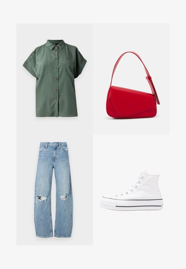 Camicia verde a maniche corte con colletto a punta, cinque bottoni marroni lungo il davanti e due taschini sul petto. Tessuto morbido.; Jeans azzurri chiari a vita alta realizzati in denim. Presentano gambe larghe, due aree strappate sulle ginocchia e il classico styling a cinque tasche.; Sneaker alta in tela bianca con suola in gomma nera, punta in gomma frontale e sei asole per i lacci, caratterizzata da un design pulito e minimalista.; Borsa a tracolla in pelle rossa con un design angolare e geometrico. Presenta una singola tracolla regolabile e una chiusura a patta con dettagli cuciti.