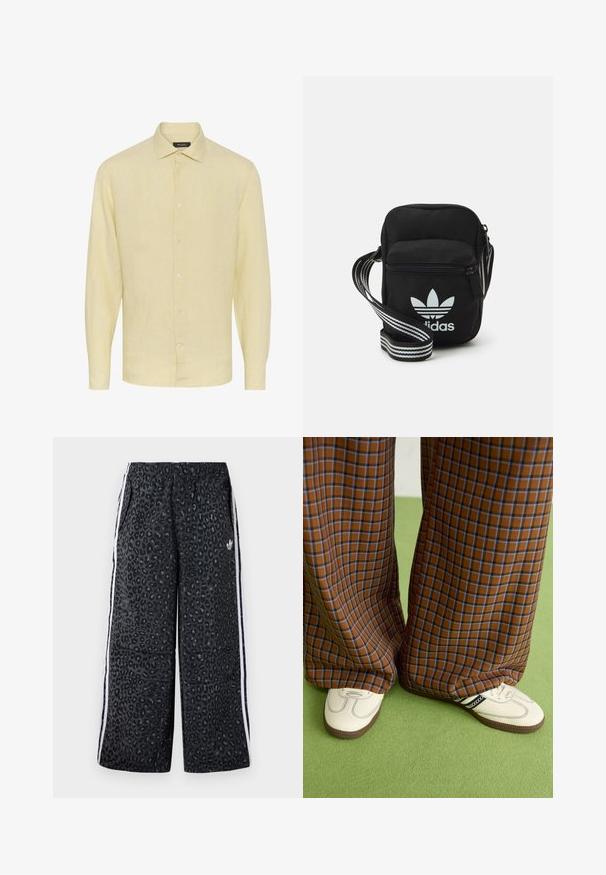 Gaiša dzeltena lina krekls ar garām piedurknēm, ar apkakles izgriezumu un priekšējo pogu aizdari. Iezīmē teksturētu audumu un taisnu apakšmali.; adidas Originals GRAPHIC UNISEX - Treniņtērpa apakšdaļas - black; Brūni un zili rūtaini platās kājas bikses, kas savienotas ar baltām kurpēm ar melniem akcentiem un teksturētām zolēm, uz zaļa fona.; Melna auduma crossbody soma ar rāvējslēdzēja aizdari, kurai ir balts Adidas logo un svītrainas regulējamas siksnas ērtiem pārvietošanās veidiem.