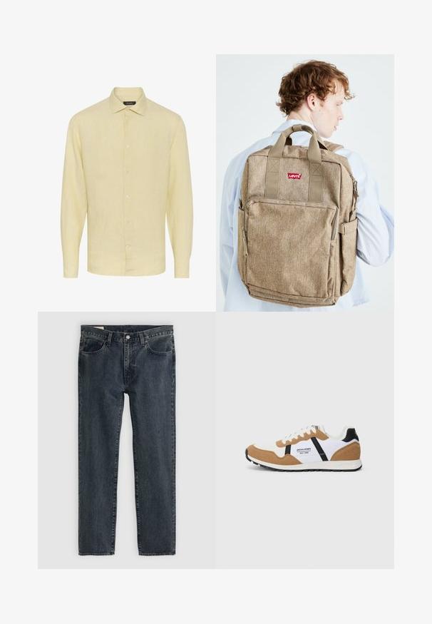 Šviesiai geltona lininė marškinė su ilgomis rankovėmis, apykaklės iškirpte ir priekine sagų uždarymo sistema. Pasižymi tekstūruotu audiniu ir tiesiu apdaila.; Tamsiai mėlynos džinsinės kelnės su tiesioginiu kirpimu, penkiais kišenėmis ir mygtukų uždarymu. Audinys rodo subtilų išblukimą ir tekstūrą.; Retro stiliaus sportbačiai su balta, tan zomša, juodais akcentais, baltais raišteliais ir "Jack & Jones EST. 1990" logotipu šone.; Rudos audinio kuprinės su keliais kišenėmis, tvirtais diržais ir mažuoju raudonu logotipu. Turi tekstūruotą paviršių ir stačiakampį formą.