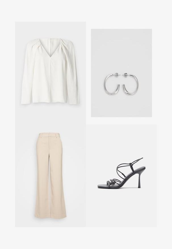 Bela bluza z dolgimi rokavi in globokim V-izrezom, ki ima nabranine na ramah in ravno rob. Gladek material z rahlim leskom.; Bež hlače širokih nogavic z gladko teksturo, ki imajo visok pas in dva sprednja žepa. Čista zasnova s krojenjem, ki se prilega.; Črne visoke sandale na peto imajo tanke naramnice z vozlom, gladek kvadratni toe in eleganten stiletto peto.; Srebrne uhančke v obliki obroča z gladko, sijočo površino, ukrivljene oblike in zapiranjem na zatič. Minimalistična zasnova z modernim zaključkom.