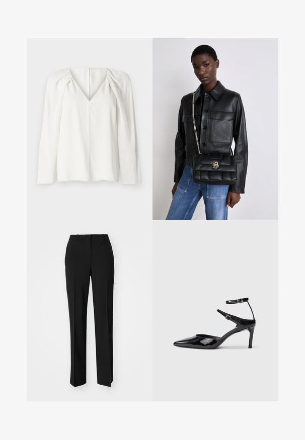 White long-sleeve blouse with a deep V-neck, featuring pleated details on shoulders and a straight hem. Smooth fabric with a subtle sheen.; Black tailored trousers with a straight-leg design, featuring a smooth texture and crisp creases along the front. No visible hardware.; Black patent leather heels with a pointed toe, adjustable ankle straps, and a slender heel. Smooth texture with a shiny finish.; Black leather jacket with button closure and two front pockets, paired with a black quilted handbag featuring a gold clasp and chain strap.
