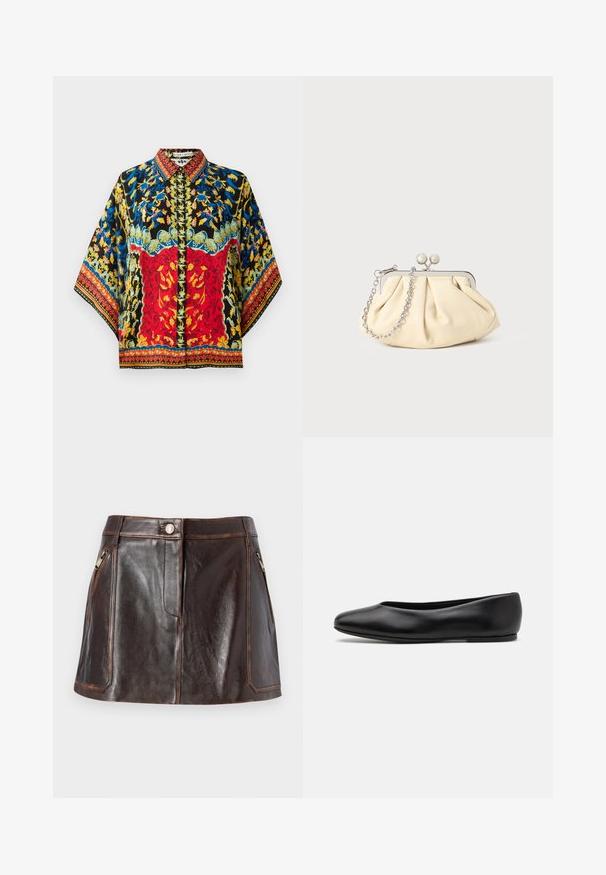 Barvna svila bluza z črno podlago, rdečimi in modrimi cvetličnimi vzorci, ovratnikom in širokimi rokavi z zapletenimi robovi.; Rjava usnjena mini krilo z elegantno zasnovo, dvema stranskima žepoma na zadrgo in kontrastnim šivanjem ob robovih.; Paul Smith TOPANGA - Balerinke - black; Zavihani bež usnjeni nahrbtnik s srebrnim kovinskim okvirom, ki ima dve okrogli okrasni zaponki in srebrno verižico.