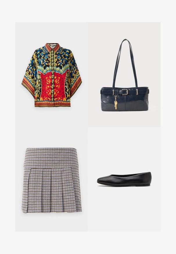 Blouse en soie colorée avec une base noire, des motifs floraux rouges et bleus, un col, et des manches larges avec des bordures raffinées.; Jupe plissée dans un motif écossais marron, beige et bleu. Fabriquée à partir d'un tissu texturé avec une taille ajustée et des plis décoratifs.; Paul Smith TOPANGA - Ballerines - black; Sac à main en cuir bleu marine avec deux longues poignées, un détail de boucle et un porte-clés accroché. Il présente une texture lisse et une forme rectangulaire.