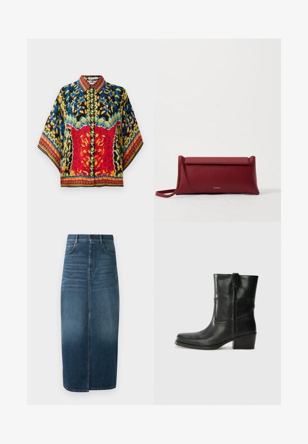 Farverig silkebluse med sort base, røde og blå blomster mønstre, kravehals og brede ærmer med detaljerede kanter.; Denim midi nederdel i mørk indigo med en forkant split og let falming. Klassisk fem-lomme design med metal knaplukning.; Sort læder ankelstøvle med rundt tå, blokhæl, lynlås i siden og stikninger på vampsiden. Glat tekstur, klassisk design.; Rød læder clutchtaske med tekstureret overflade, der har et fladt fold-over top og en kort rem. Diskret logo på fronten.