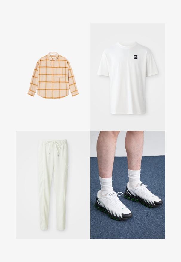 Camisa de manga longa em xadrez beje com padrões amarelos e castanhos, design abotoado, com um bolso no peito, feita de um tecido texturizado.; T-shirt branca em algodão com mangas curtas e decote redondo; apresenta um pequeno logótipo retangular preto da Nike Air no lado esquerdo do peito.; Calças jogger slim-fit brancas com cintura elástica e cordão, apresentando detalhes nas costuras laterais e um pequeno patch preto na perna direita.; Tênis atléticos brancos com detalhes pretos e amortecimento verde. Possui um cabedal texturizado, fecho com atacadores e logotipo da marca visível.