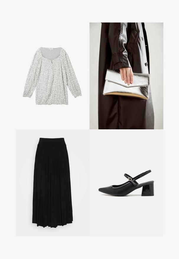 Heled hall blouse, millekiri mustriga, ümar kaelus, esipool nupud ja pikad, puhvärvega varrukad elastsete mansettidega.; Must mustriga seelik kõrge ja veniva vöökohaga. Valmistatud pehmest kangast, millel on vertikaalsed volangid voolava silueti saavutamiseks.; Mustad läikivad nahast slingback-kõrged kontsad, millel on terav nina, ümar lõikekujundus ja blokknina. Omab kuldset nupu aktsenti.; Hõbedane metallist kott, millel on nurkne ümbriku disain, sile tekstuur ja kontrastne sisekuju, hoituna musta jope käes.