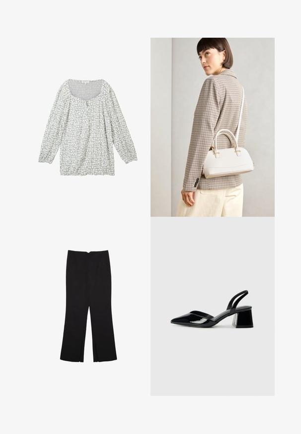 Svetlo siva bluza z teksturiranim vzorcem, izrezom v obliki črke U, gumbi spredaj in dolgimi napihnjenimi rokavi z elastičnimi manšetami.; Črne hlače ravnega kroja z naglavnimi žepi in stranskimi razporki na robu. Narejene iz mehke, gladke tkanine. Primerne za različne priložnosti.; Črne lakirane slingback pete s koničastim nosom in geometrijsko blokasto peto. Imajo eleganten, minimalističen dizajn in gladko teksturo.; Bela strukturirana torba z kratkimi ročaji in naramnim trakom, z zlatimi okrasnimi elementi in teksturiranim materialom, prikazana na sivi podlagi.