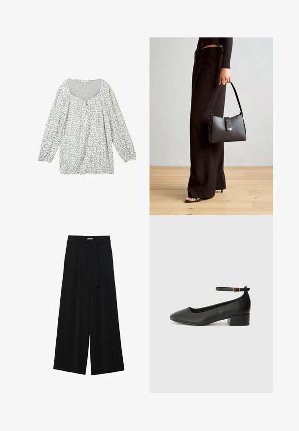Helle grå bluse med et tekstureret mønster, rund udskæring, knapper foran og lange, puffede ærmer med elastiske manchetter.; Mustat leveät housut, joissa on teksturoitu kangas, joustava vyötärö ja irrotettava nauha vyötäröllä säädettävää istuvuutta varten.; Mustat nahkakengät, joissa on terävä kärki ja matala lohkare korko. Varustettu nilkkahihnalla, jossa on kultasävyinen solki. Lisää sileä pinta.; Musta käsilaukku, jossa on rakenteellinen muoto, sileä pinta ja metallinen solki. Yhdistetty leveisiin mustiin housuihin ja avonaiheisiin sandaaleihin puulattialla.