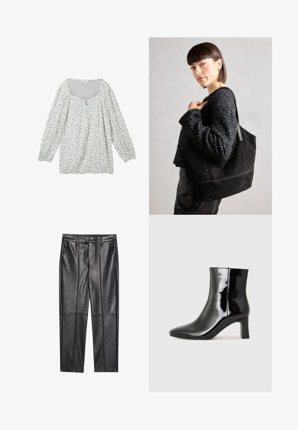 Camicia grigia chiaro con un motivo testurizzato, scollatura a barchetta, bottoni davanti e maniche lunghe a palloncino con polsini elasticizzati.; Pantaloni in pelle nera con una texture liscia, caratterizzati da un fit dritto, due tasche frontali e dettagli delle cuciture in evidenza.; Stivaletto in pelle verniciata nera con punta a punta e tacco a blocco di altezza media. Texture liscia e design minimalista.; Borsa tote nera in suede con una texture liscia, forma strutturata e cuciture a contrasto. Presenta lunghe tracolle per il trasporto a spalla.