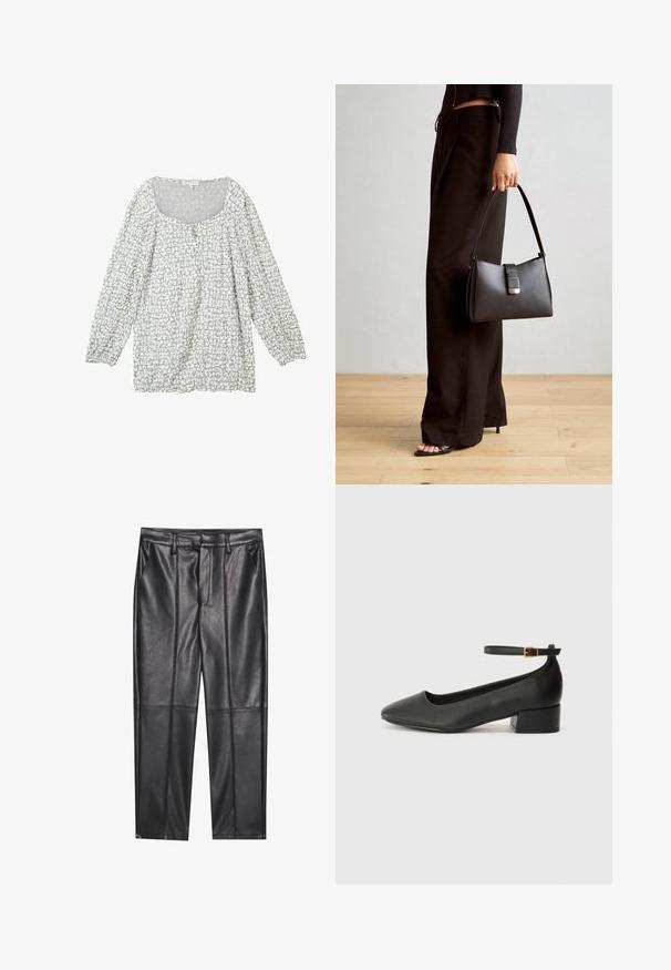 Šviesiai pilka palaidinė su tekstūruotu raštu, apvaliu iškirpimu, mygtukais priekyje ir ilgomis, pūstomis rankovėmis su elastingais manžetais.; Juodos odinės kelnės su lygiu tekstūru, tiesaus kirpimo, dviem priekinėmis kišenėmis ir matomomis siūlėmis.; Juodas odinis aukštakulnis batelis su smailiu pirštu ir žemu bloku. Su kulkšnies dirželiu su auksinės spalvos sagtimi. Lygus paviršius.; Juodas rankinė struktūrizuota forma, lygi tekstūra ir metalinis užsegimas. Suporuota su plačiomis juodomis kelnėmis ir atvirais bateliais ant medinių grindų.