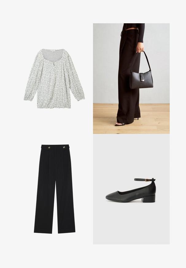 Lichtgrijze blouse met een gestructureerd patroon, een ronde halslijn, knopen aan de voorkant en lange, gepofte mouwen met elastische manchetten.; Zwarte wijde broek met hoge taille, knoopdetails op de tailleband en plooien aan de voorkant.; Zwarte leren pump met een spitse neus en een lage blokhak. Beschikt over een enkelband met een goudkleurige gespsluiting. Gladde textuur.; Zwarte handtas met gestructureerde vorm, gladde textuur en een metalen sluiting. Gecombineerd met brede zwarte broeken en sandalen met open teen op een houten vloer.