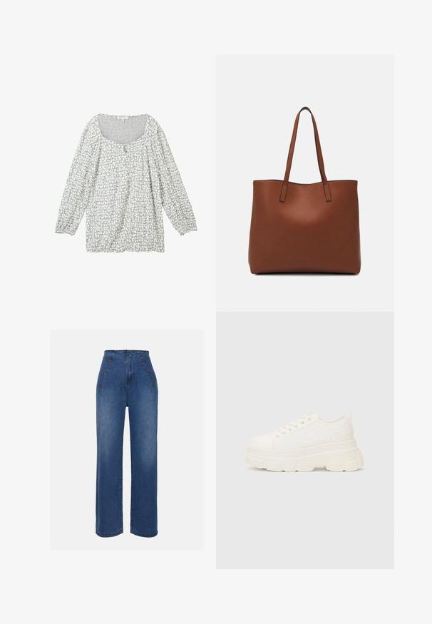 Light grey blouse with a textured pattern, scooped neckline, buttons at the front, and long, puffed sleeves with elasticated cuffs.; High-waisted denim jeans in medium blue. Features front button accents and wide-leg design. Fabric has a smooth texture with slight fading.; White canvas sneaker with a chunky sole, rounded toe, and five eyelets for laces. Back tab for easy wear. Smooth texture, minimalist design.; Brown leather tote bag with a smooth texture, open top design, and two shoulder straps. Features minimal stitching and no visible hardware.