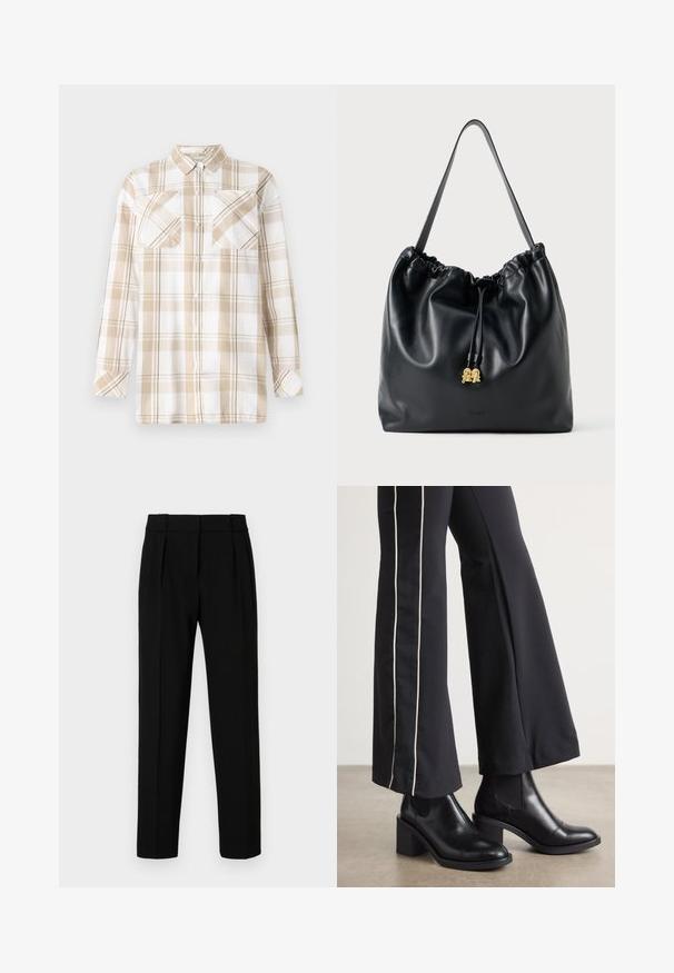 Beige and white plaid shirt with long sleeves, pointed collar, and two chest pockets. Made of cotton with button-down front and rolled cuffs.; Black tailored trousers with a straight fit, pleated front, polished fabric, and a medium waistband. No visible pockets or hardware details.; Black leather ankle boots with a block heel, featuring elastic side panels. Paired with black pants that have a white side stripe.; Black leather drawstring bag with a smooth texture, gathered top, and subtle gold hardware. Features a single sturdy strap and embossed logo.