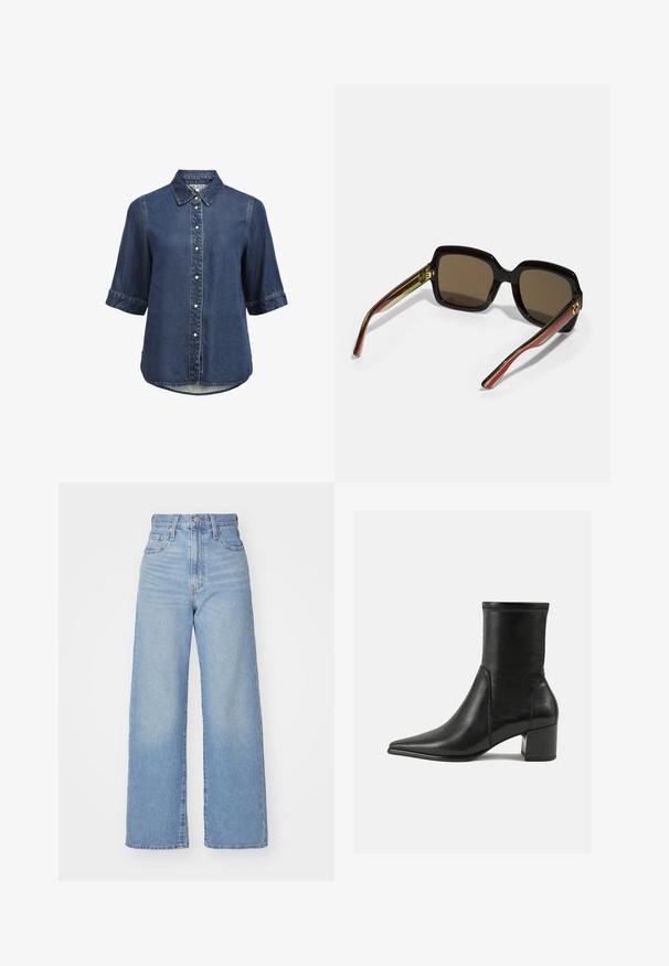 Camicia in denim a maniche corte, con colletto, bottoni a pressione perle e orlo leggermente curvato.; Jeans a vita alta blu chiaro con gamba larga, chiusura frontale con bottone e zip, tasche anteriori e posteriori, su uno sfondo bianco.; Stivale alla caviglia nero in pelle liscia, con punta appuntita, tacco a blocco e cuciture raccolte distintive lungo il bordo superiore.; Occhiali da sole neri oversize con lenti marroni. Presentano bracci unici a strisce verdi e rosse, con dettagli in metallo dorato. Forma quadrata.