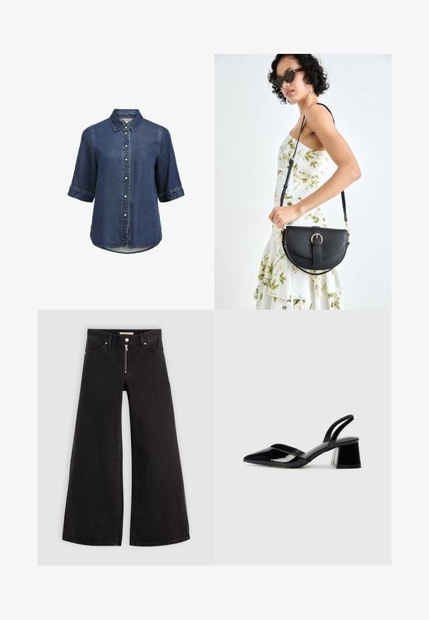 Denim overhemden met korte mouwen, knoopsluiting met parelmoerknopen en een iets afgeronde onderkant.; Wijdvallende jeans van zwarte denim met een ritssluiting aan de voorkant, vijf zakken en subtiele stikdetails. Soepele textuur en casual stijl.; Zwarte gepatineerde leren slingback hakken met een spitse neus en een geometrische blokhak. Kenmerkt zich door een slank, minimalistisch ontwerp en een gladde textuur.; Zwarte leren handtas met een gebogen vorm, afneembare schouderband en gouden hardware. De tas heeft een klep met een gespsluiting.