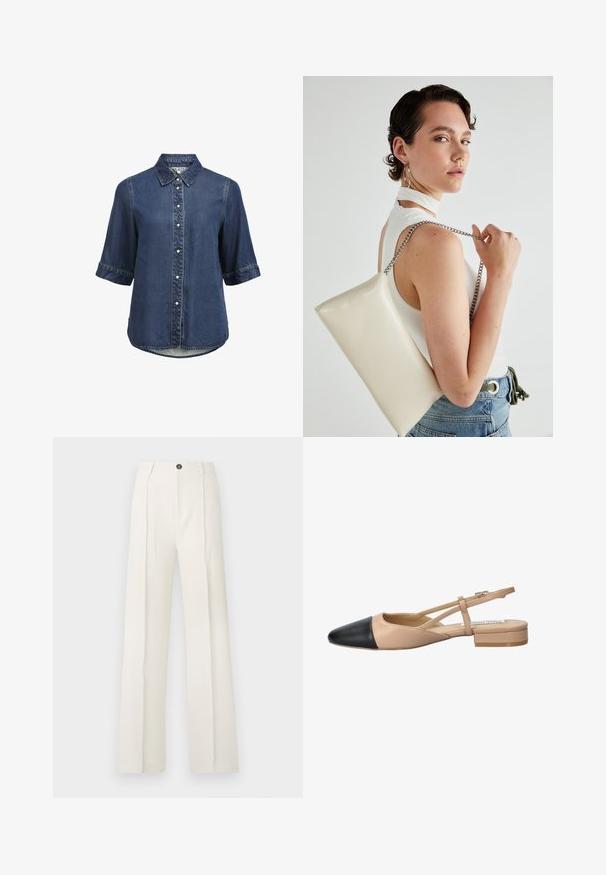 Jeansskjorta med kort ärm, knäppning fram med pärltryckta knappar och lätt rundad nederkant.; Vita, vida byxor med hög midja, med två framveck, en enkel knappstängning och fickor. Slät tygtextur.; Beige och svart tvåtonad slingback-sko med spetsig tå, platt klack och korsade remmar. Slät läderstruktur.; Vitt rektangulärt clutch-väsk i glänsande material, med en kedjesnor i silver. Modellen poserar och visar upp väskan mot en neutral bakgrund.